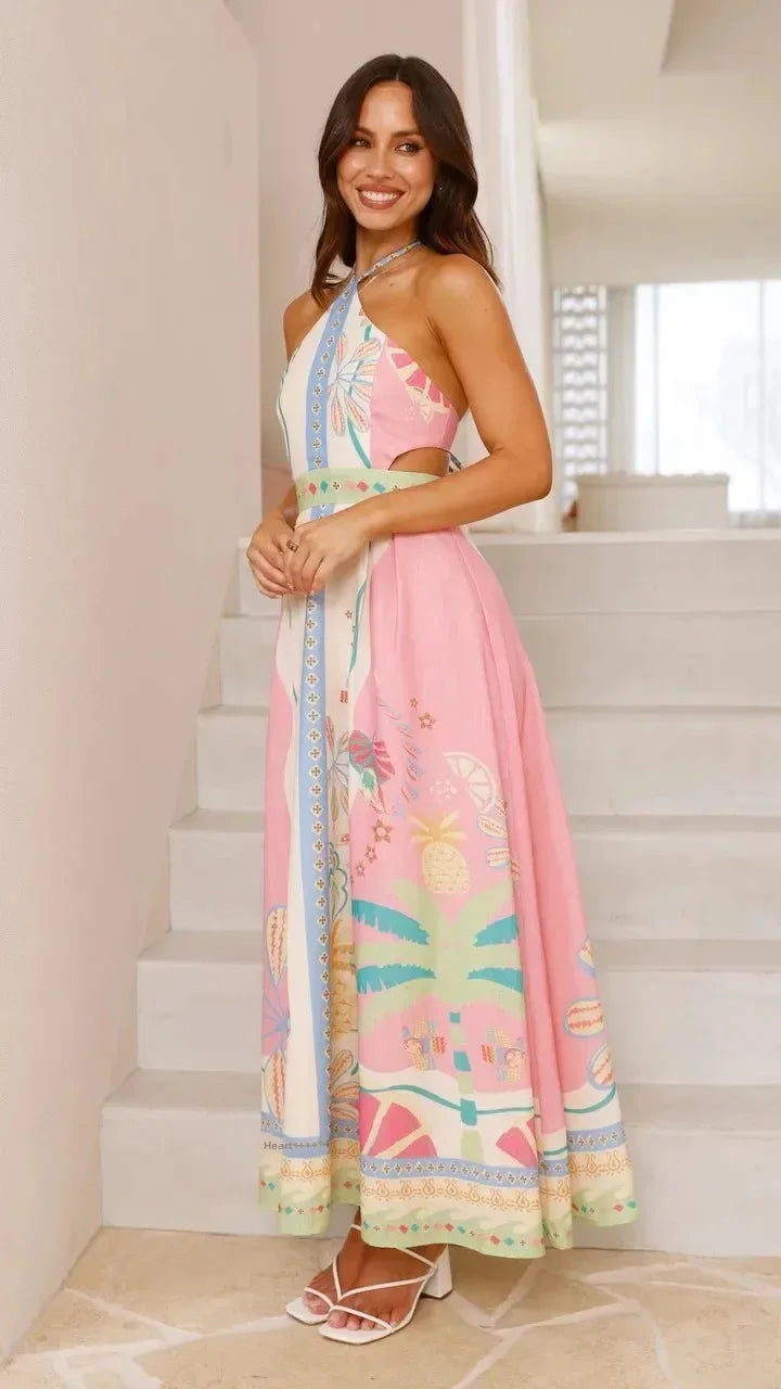 Floral Lace-Up Backless Camisole Dress – Knee-Length Elegance - Piña Colada
