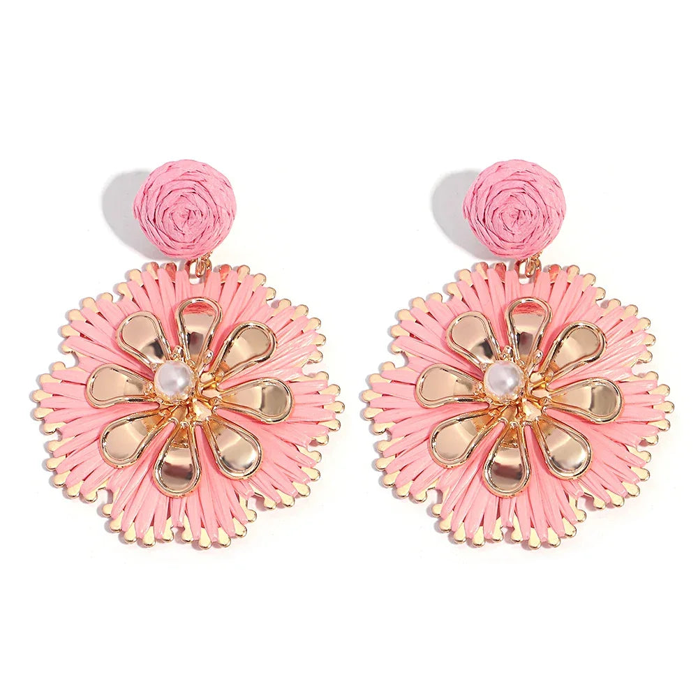 Rattan Plaited Flower Design Pearl Earrings - Piña Colada