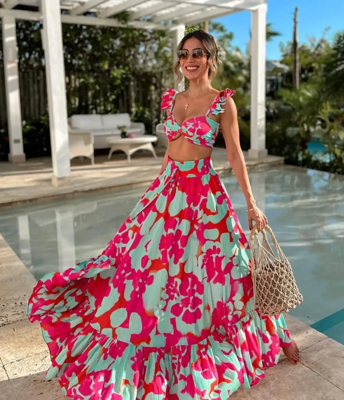 Draped Print V-Neck Maxi Dress – Beachwear Edition - Piña Colada