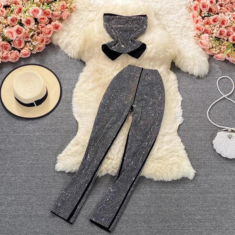 Rhinestone Slash Neck Crop Top & High Waist Pants Set - Piña Colada