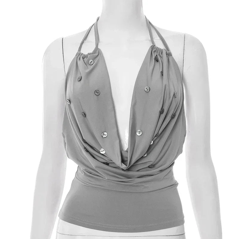 Button Ribbed Tank Top – Summer Stretch Knit Crop - Piña Colada