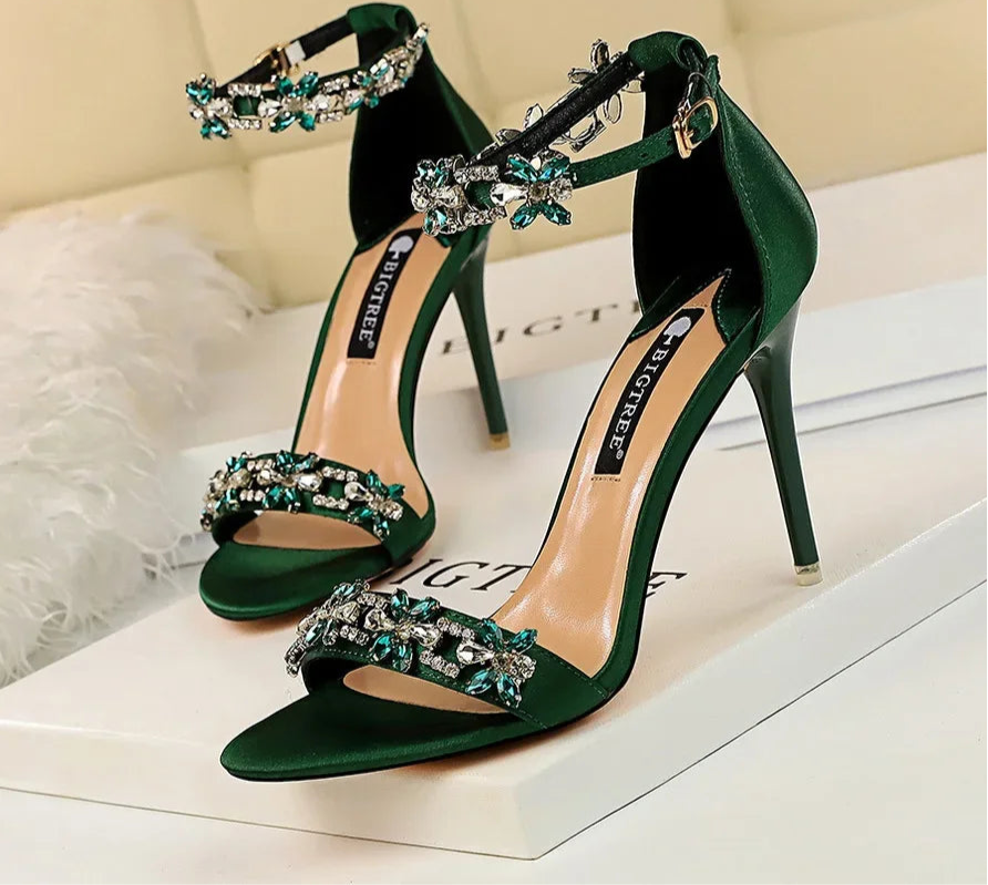 Crystal Flower Thin High Heels Sandals - Piña Colada