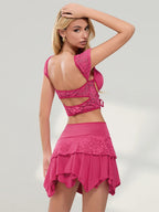Velvet Crop Top & Mini Skirt Set Outfit - Piña Colada