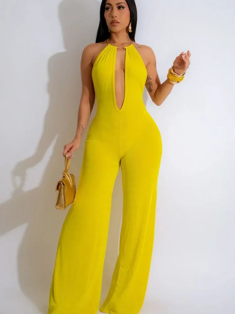 Elegant Halter Deep V Backless Cutout Wide Leg Jumpsuits - Piña Colada