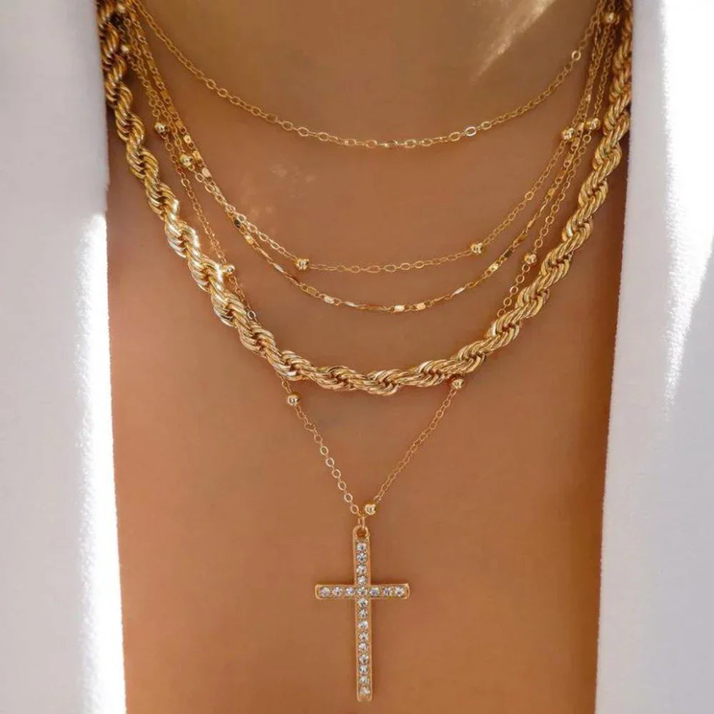Boho Multi-Layer Gold Crystal Pendant Necklace Set - Piña Colada