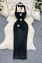 Halter Party Dress Sleeveless Metal 3D Flower - Piña Colada