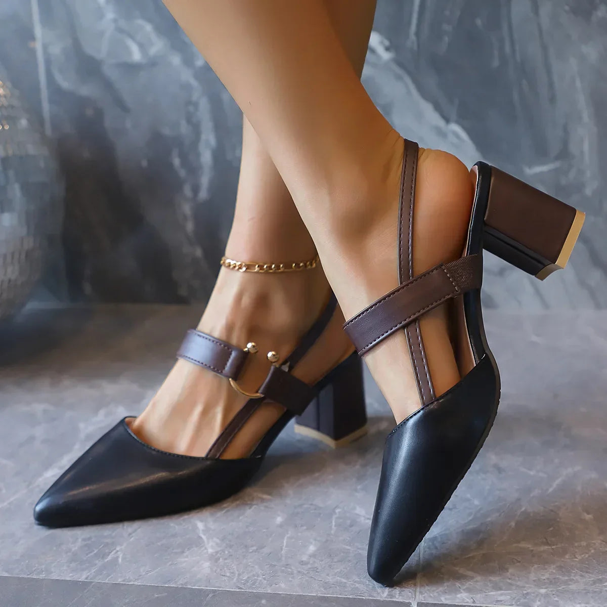 Elegant Pointed Toe Chunky Heel Sandals - Piña Colada