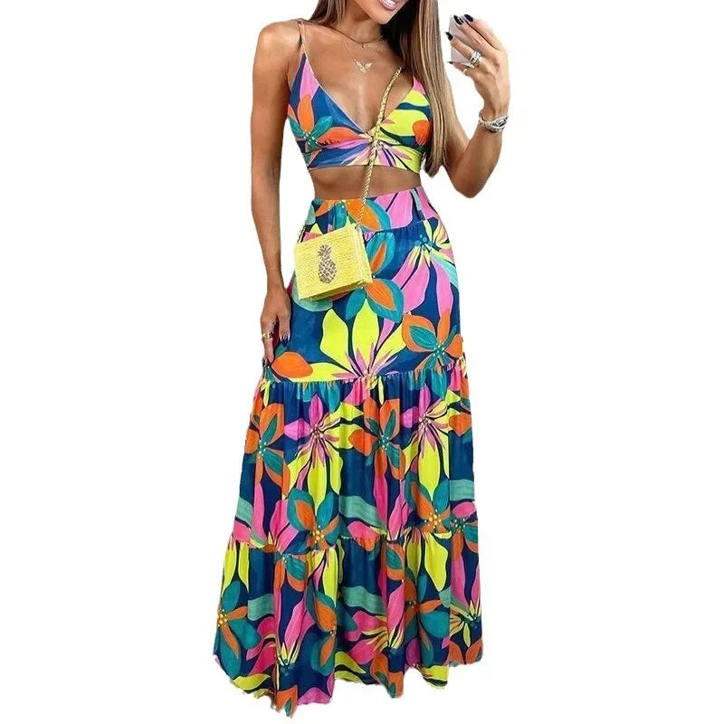 Printed Crop Top & Long Skirt Set - Piña Colada