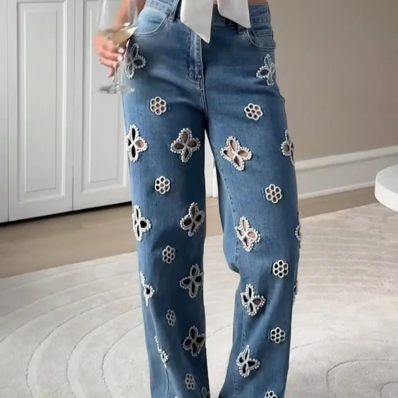 Casual Hollow Out Jeans Street Solid - Piña Colada