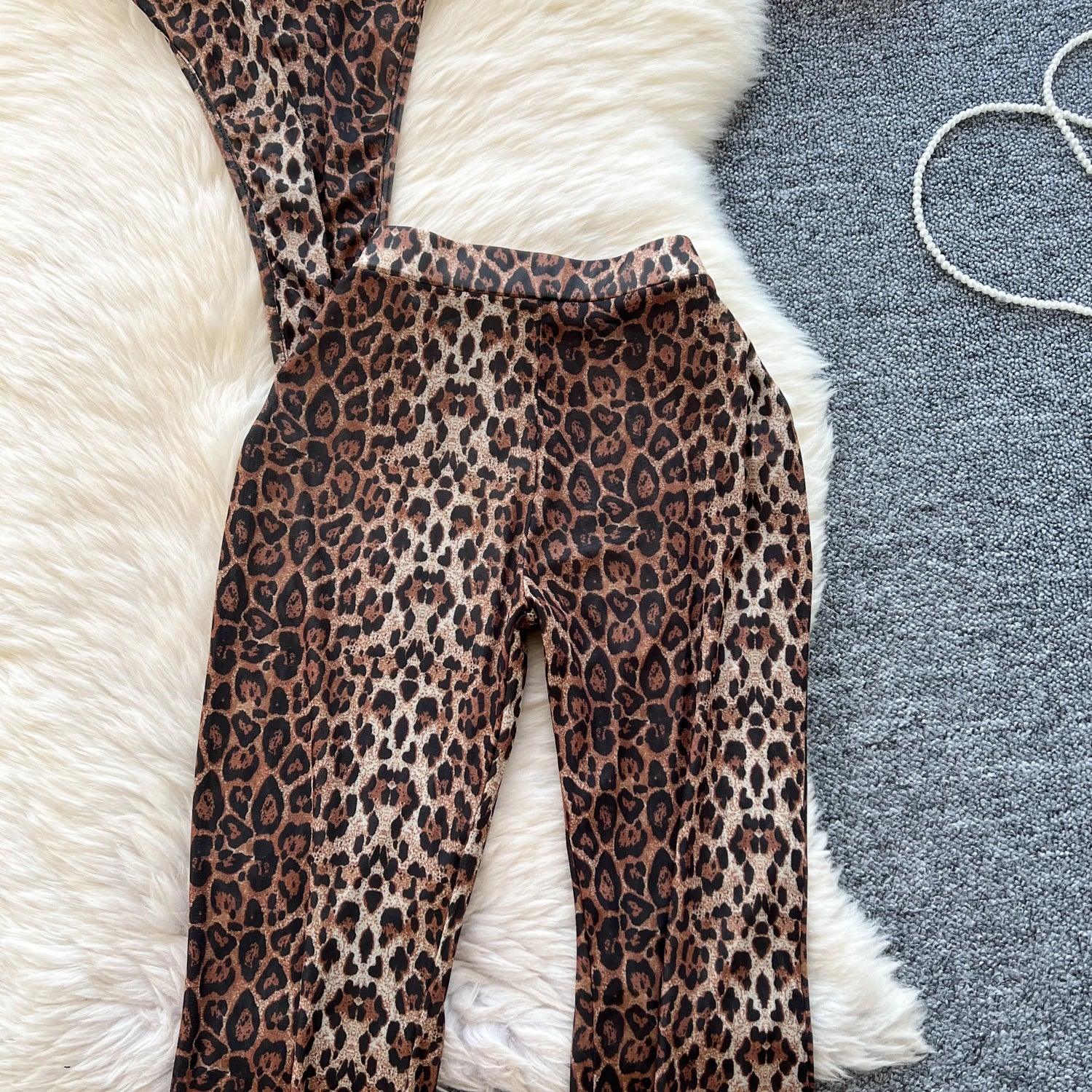 Leopard 2pcs Suits Women Tops+Elastic Waist Flared Pants - Piña Colada