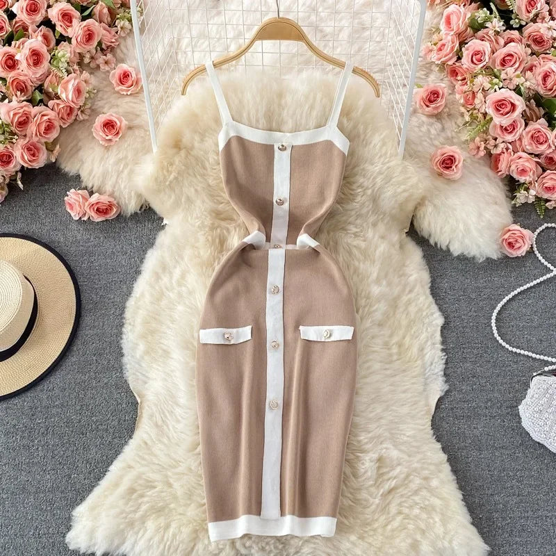 Patchwork Knit Mini Dress – Spaghetti Strap Streetwear - Piña Colada