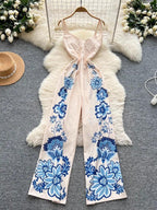 Vintage Printed Jumpsuit for Women – Full-Length Summer Romper with Mid Waist - Piña Colada