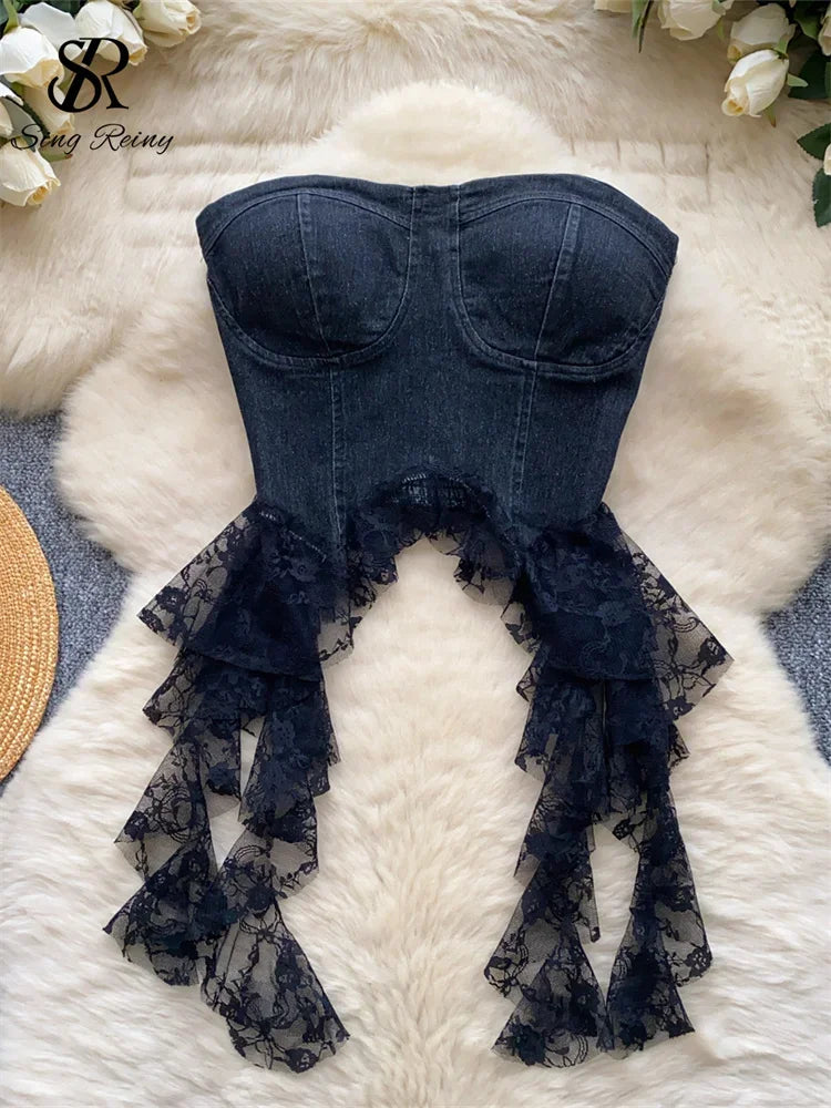 Sweet Lace Denim Tank Top – Summer Vintage Vibes - Piña Colada