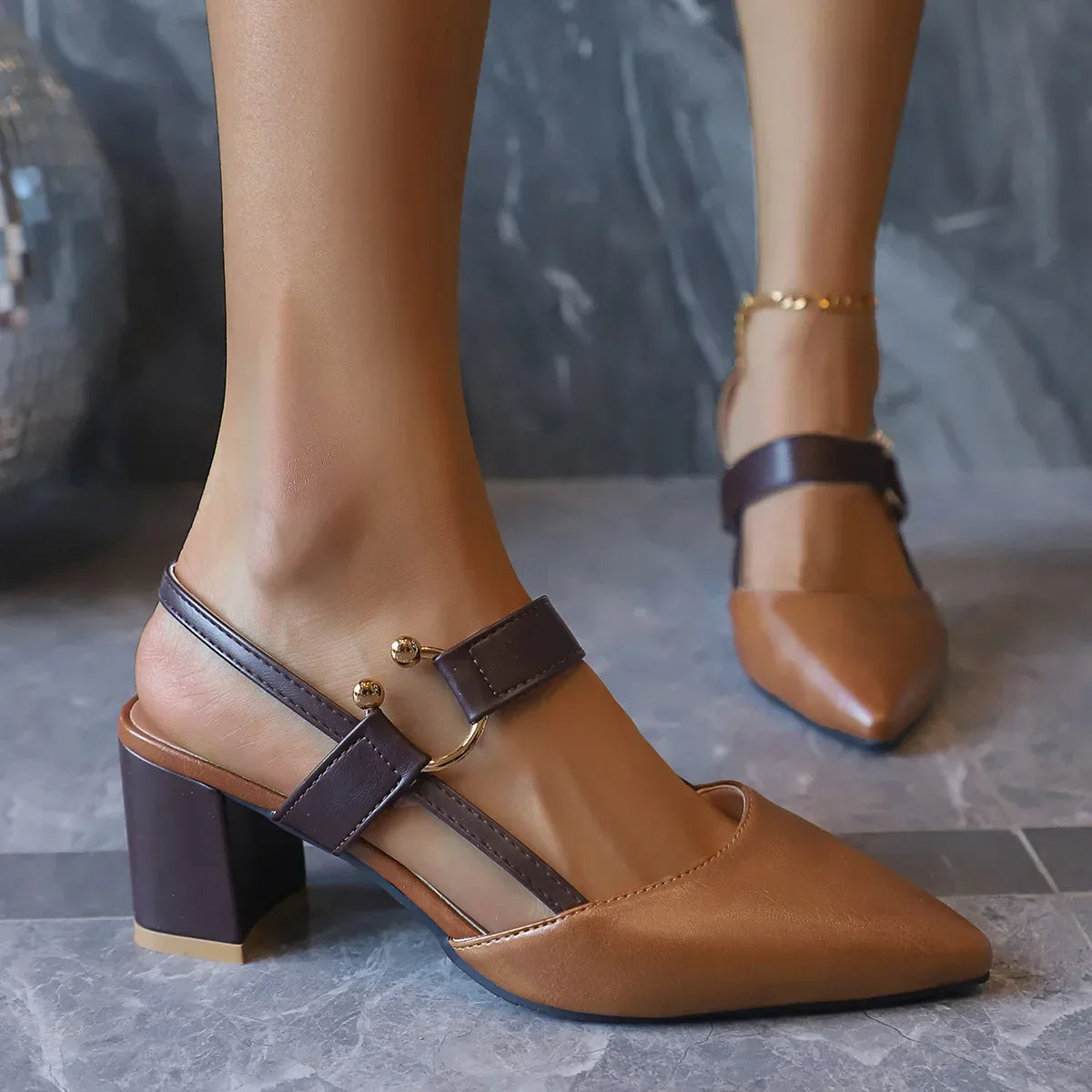 Elegant Pointed Toe Chunky Heel Sandals - Piña Colada