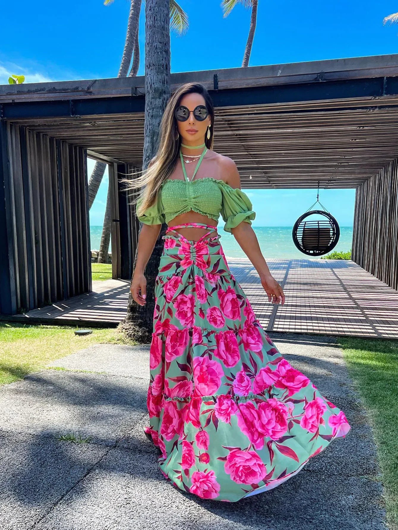 Hand-Painted Oversized 2-Piece Set – Backless Crop Top & Flowing Skirt - Piña Colada