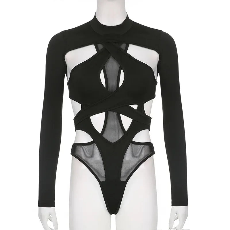 High Mesh Cutout Bodysuit – Sleek Skinny Fit - Piña Colada