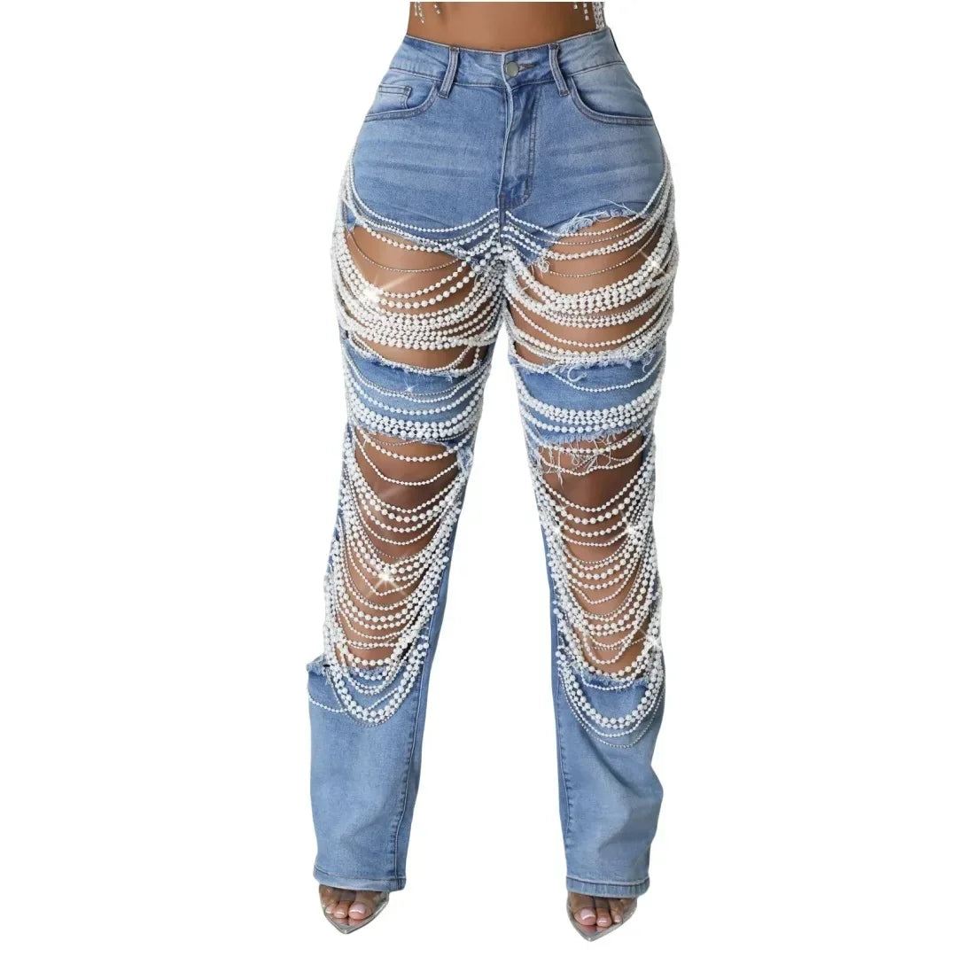 Beaded Tassel Straight Leg Jeans - Piña Colada