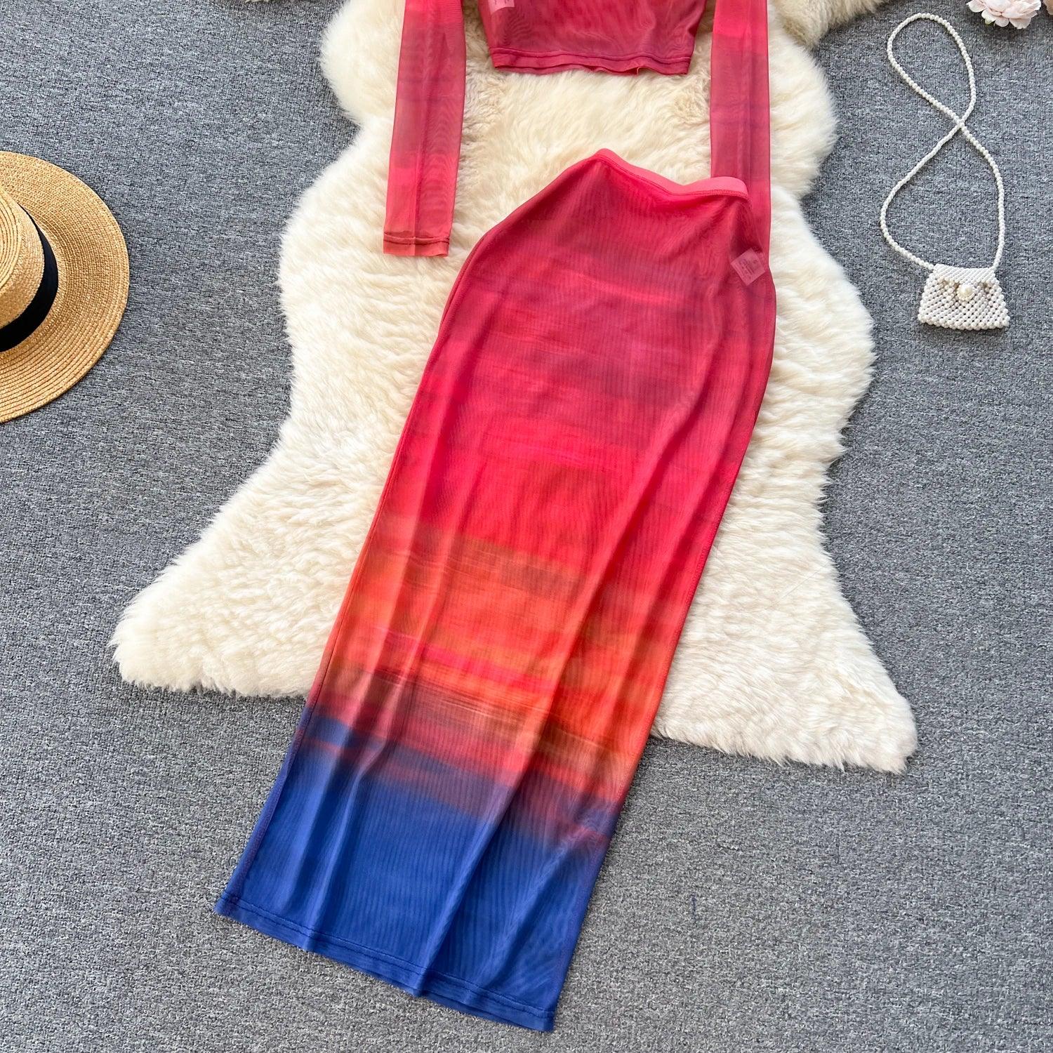 Two Piece Suits O Neck Midi Blouse+High Waist Colorful Bodycon - Piña Colada