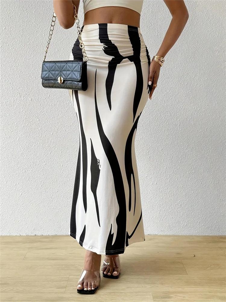 Long Skirt Casual High Waist Zebra Print - Piña Colada