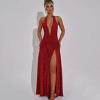 Halter Backless Silk V-neck Dress - Piña Colada