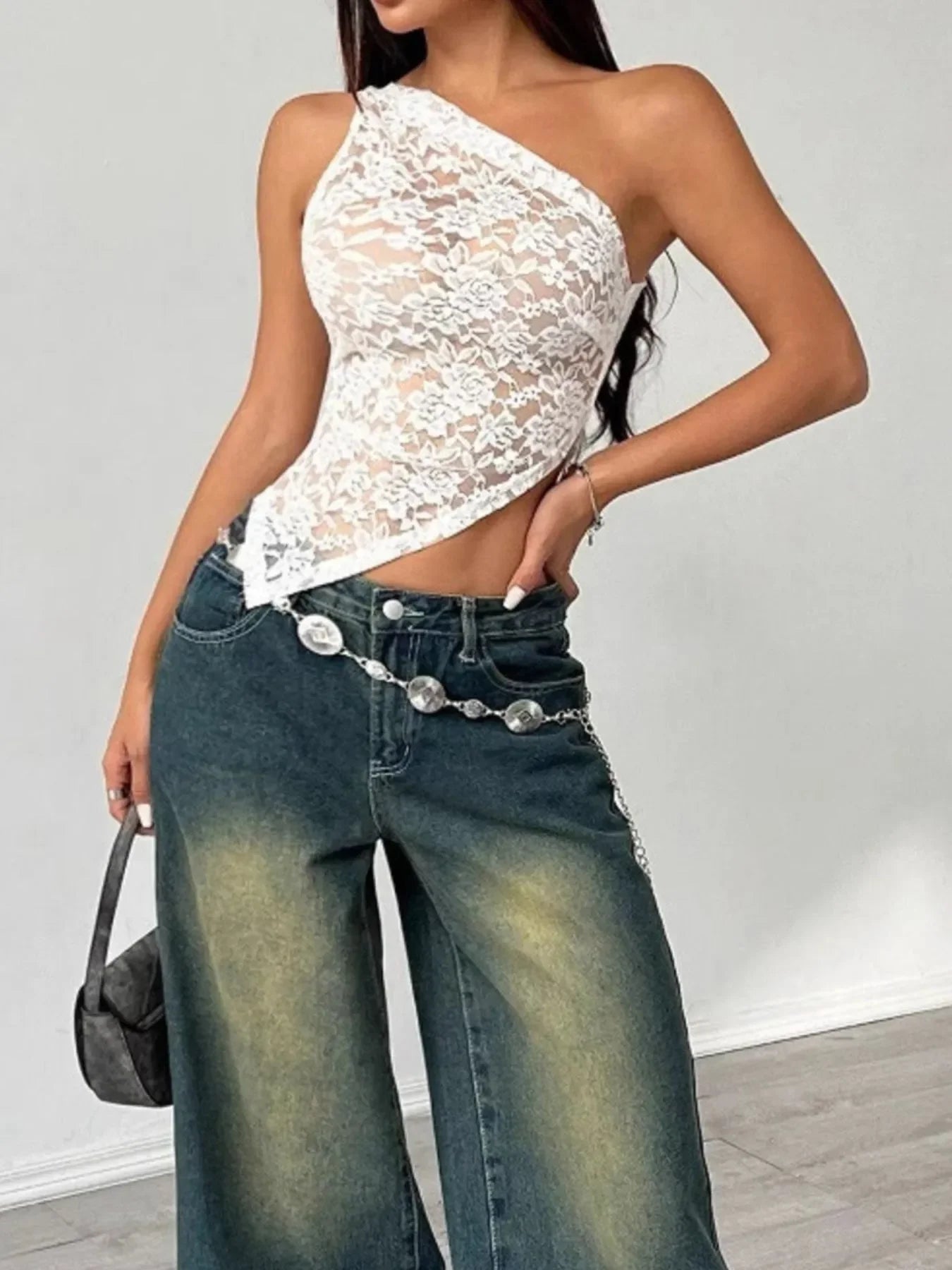 Lace One-Shoulder Asymmetric Top - Piña Colada