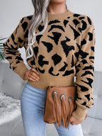 Leopard Round Neck Dropped Shoulder Sweater - Piña Colada