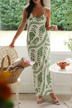 Leaf Print Slit V-Neck Midi Cami Dress - Piña Colada
