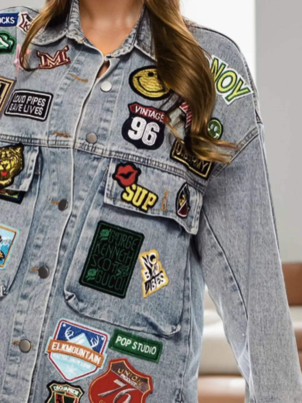 Embroidered Patch Button Up Long Sleeve Denim Jacket - Piña Colada