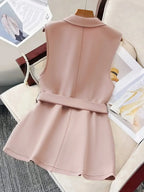 Tie Waist Lapel Collar Sleeveless Blazer - Piña Colada
