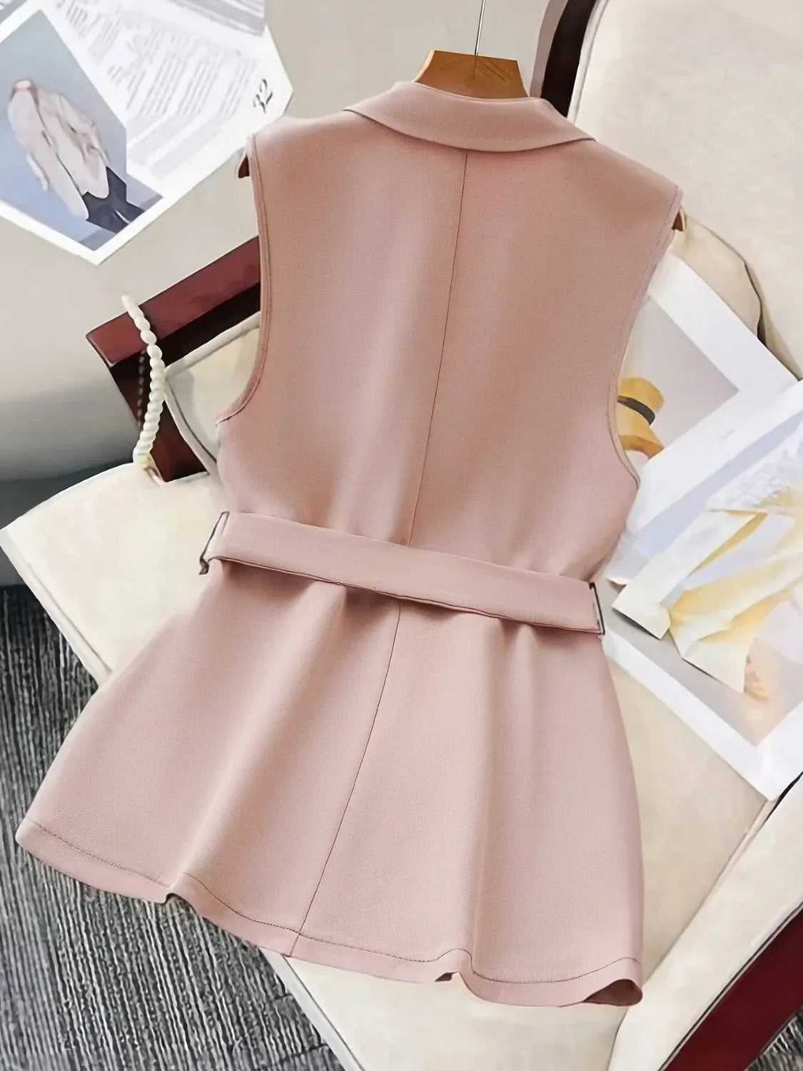 Tie Waist Lapel Collar Sleeveless Blazer - Piña Colada