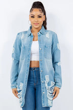 American Bazi Distressed Button Up Long Sleeve Denim Jacket - Piña Colada