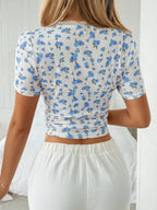 Floral Lace Trim Short Sleeve T-Shirt - Piña Colada