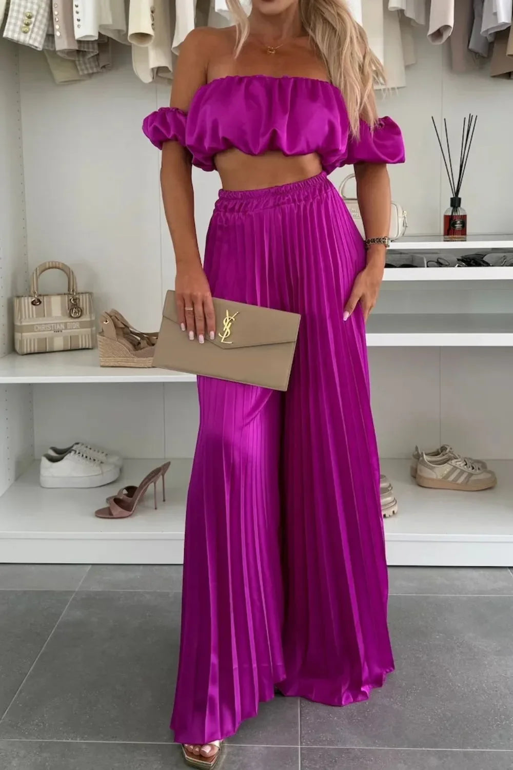 Off-Shoulder Top and Pleated Pants Set - Piña Colada