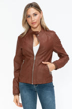 Snobbish PU Leather Biker Jacket with Side Zip Pockets - Piña Colada
