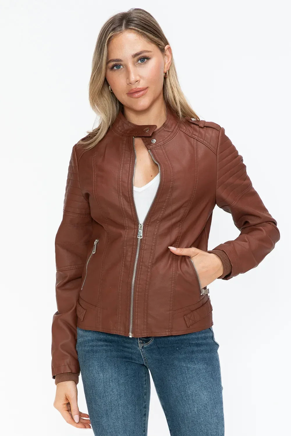 Snobbish PU Leather Biker Jacket with Side Zip Pockets - Piña Colada