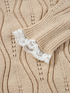 Pearl Beaded Pointelle Knit V Neck Lace Patchwork Sleeve Sweater - Piña Colada