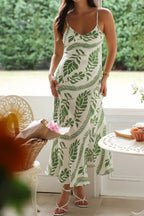 Leaf Print Slit V-Neck Midi Cami Dress - Piña Colada