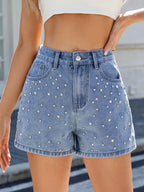Rhinestone Washed High Waist Denim Shorts - Piña Colada