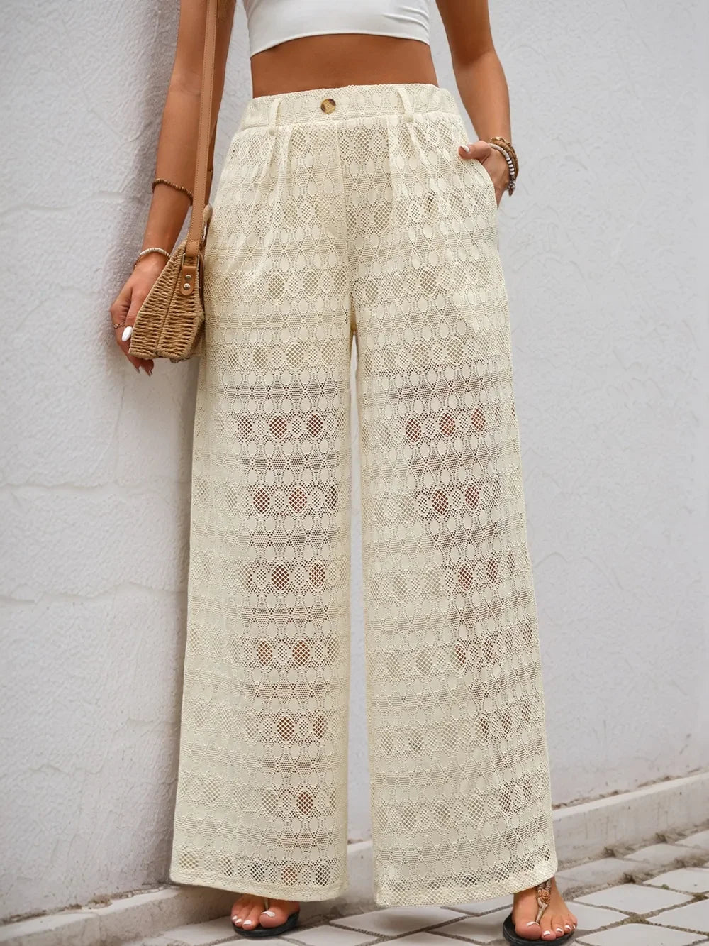 Decorative Button Wide Leg Pants - Piña Colada