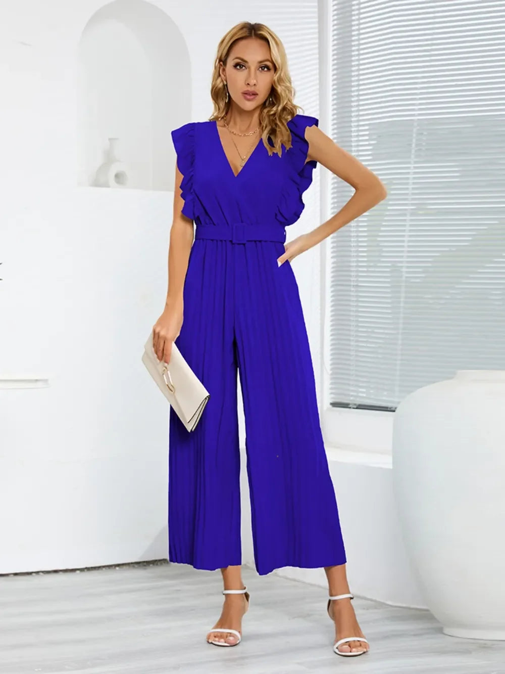 Ruffled Surplice Cap Sleeve Jumpsuit - Piña Colada