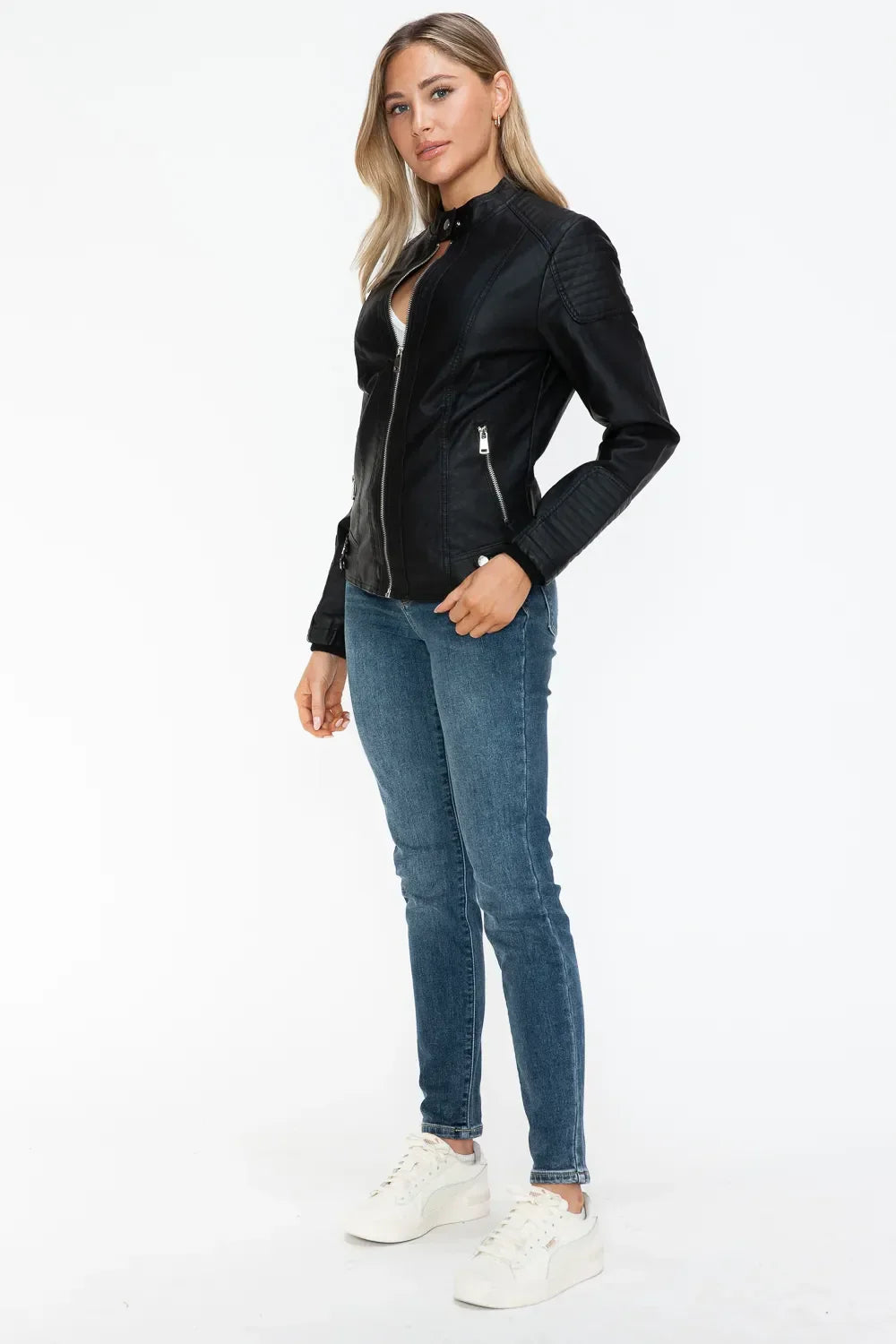 Snobbish Faux Leather Biker Jacket with Side Zip Pockets - Piña Colada