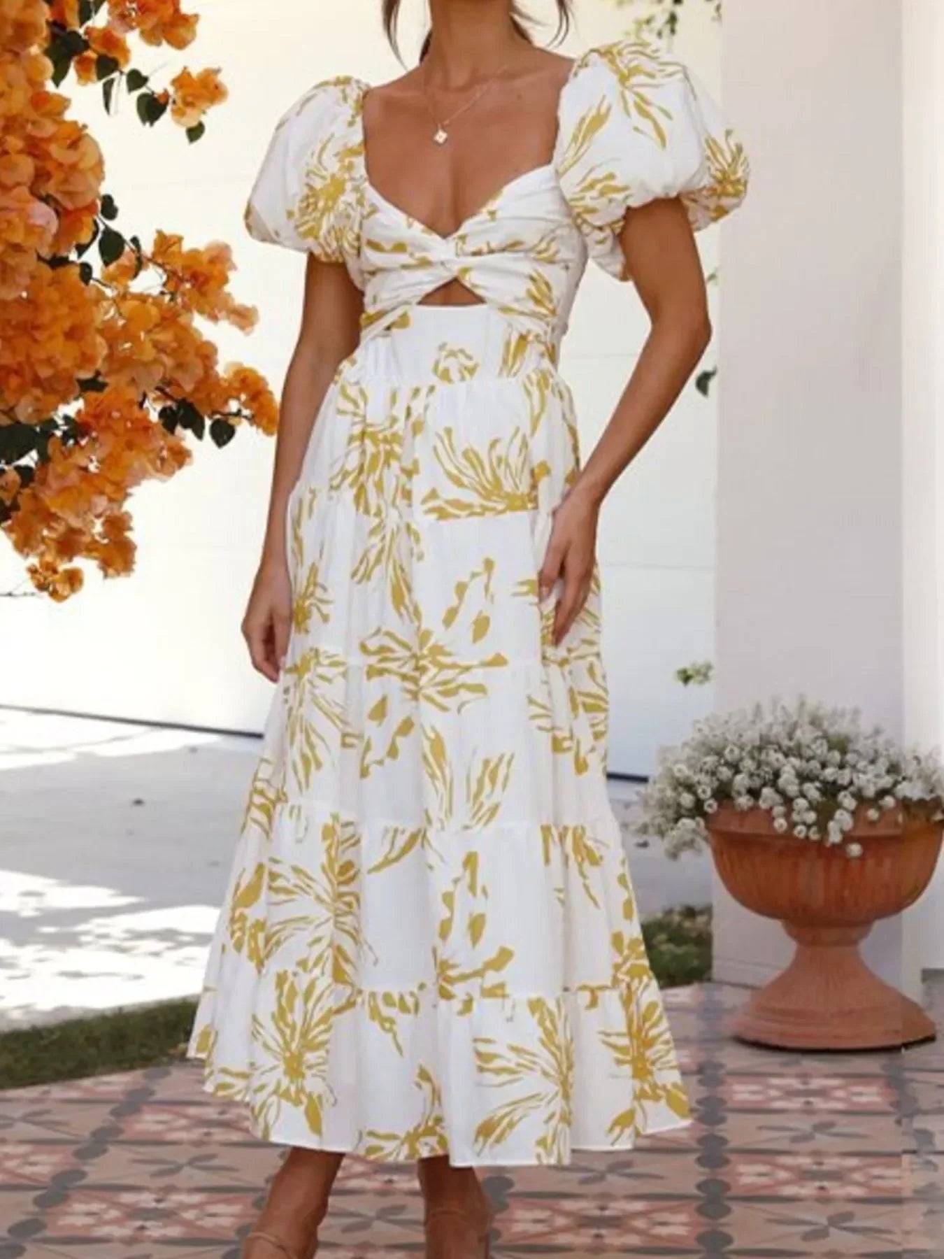 Off-Shoulder Floral Tiered Dress with Ruffle Details - Piña Colada