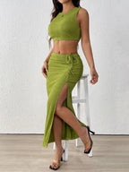 Perfee Texture Cropped Tank and Ruched Skirt Set - Piña Colada