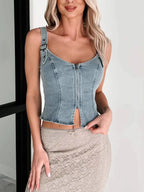Fitted Denim Corset Tank Top with Front Zip - Piña Colada
