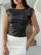 Devine Sequin Round Neck Backless T-Shirt - Piña Colada