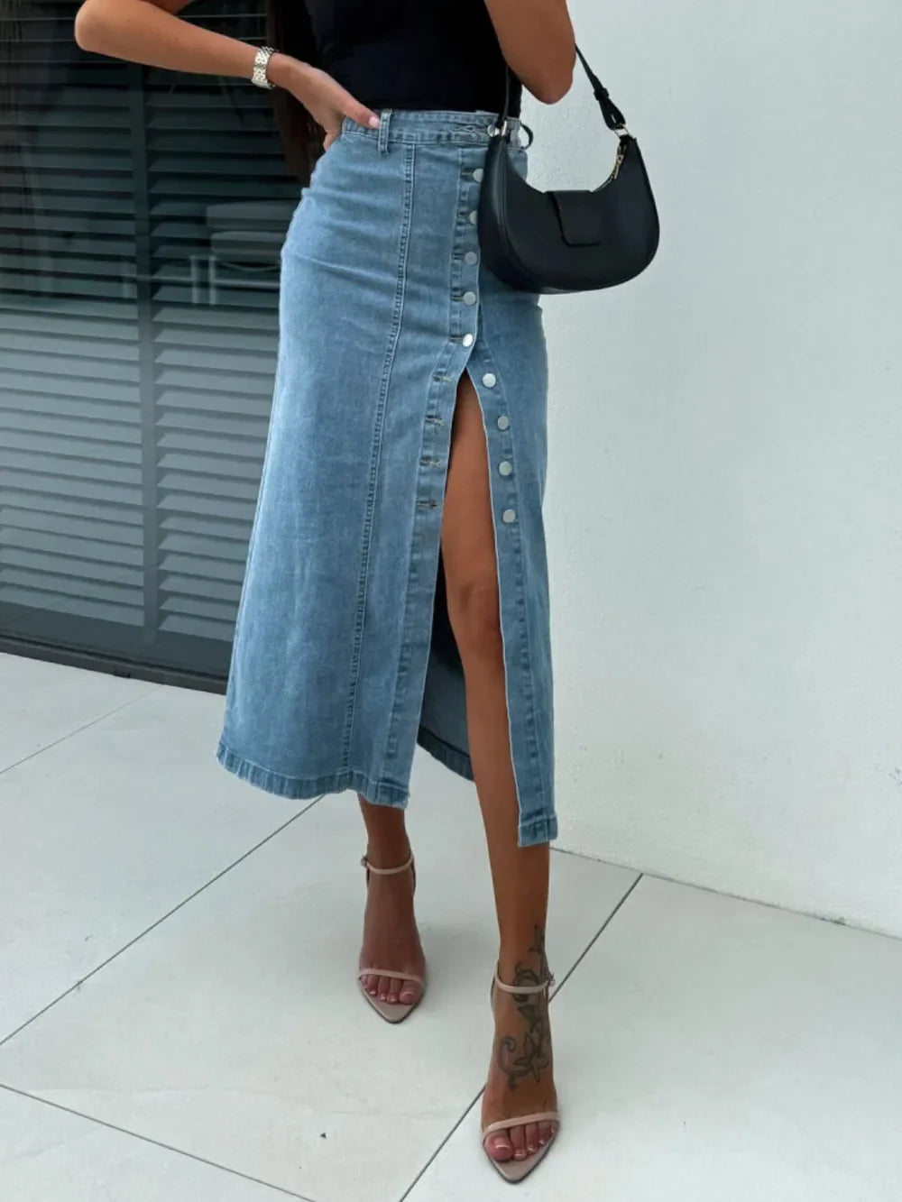 Front Button Slit Midi Denim Skirt - Piña Colada