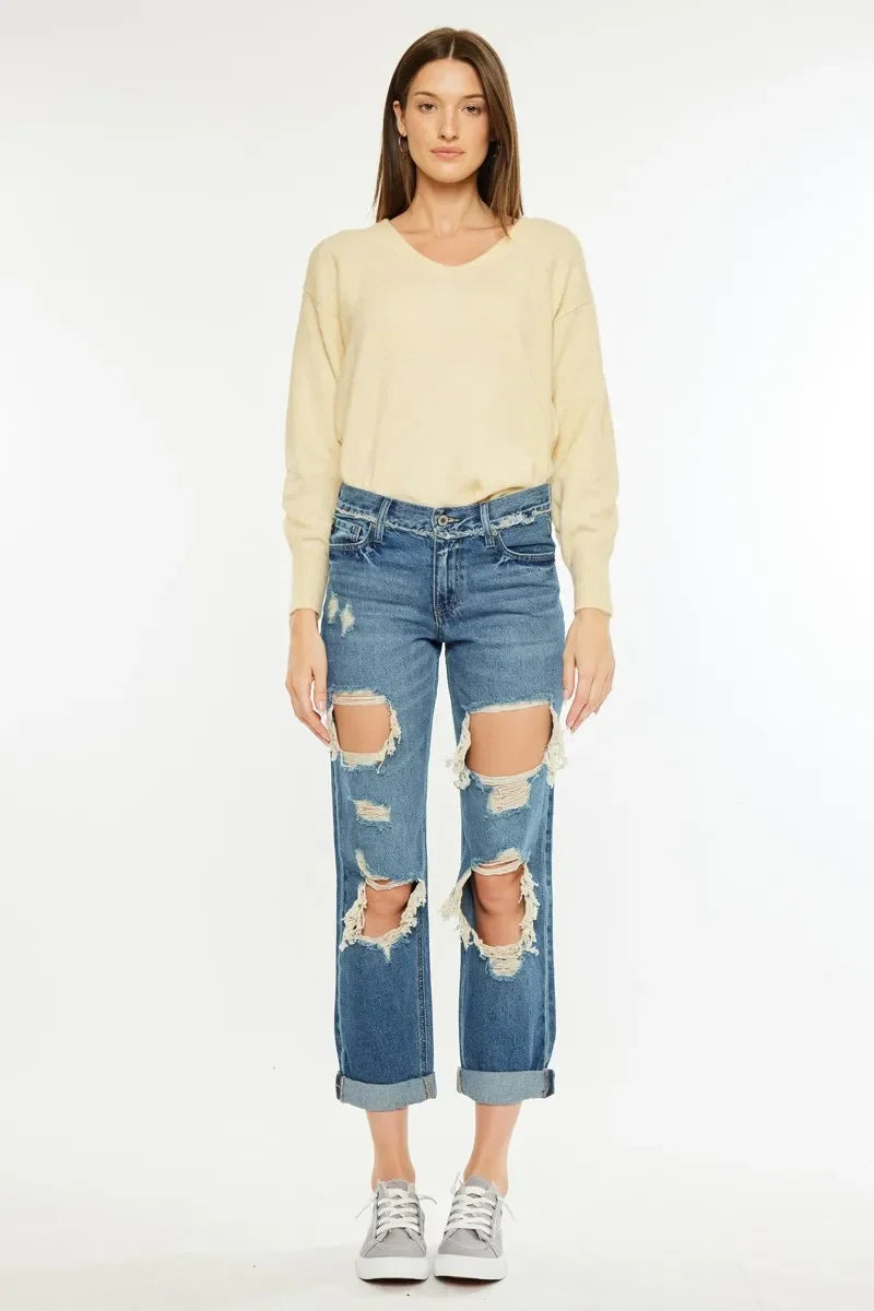 Kancan Distressed Mid Rise True Boyfriend Jeans - Piña Colada