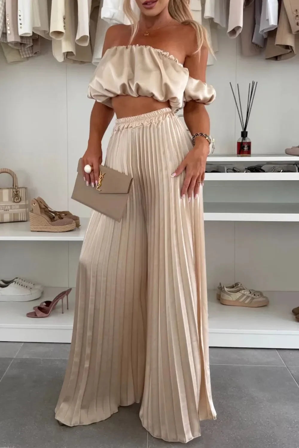 Off-Shoulder Top and Pleated Pants Set - Piña Colada