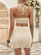 Waffle-Knit Halter Neck Top and Skirt Set - Piña Colada