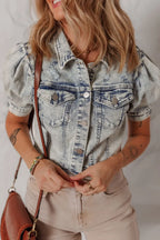 Wash Buttoned Chest Pocket Puff Sleeve Denim Jacket - Piña Colada